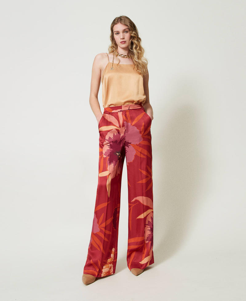 Scee by twin set Pantaloni wide leg in raso a fiori Vendita