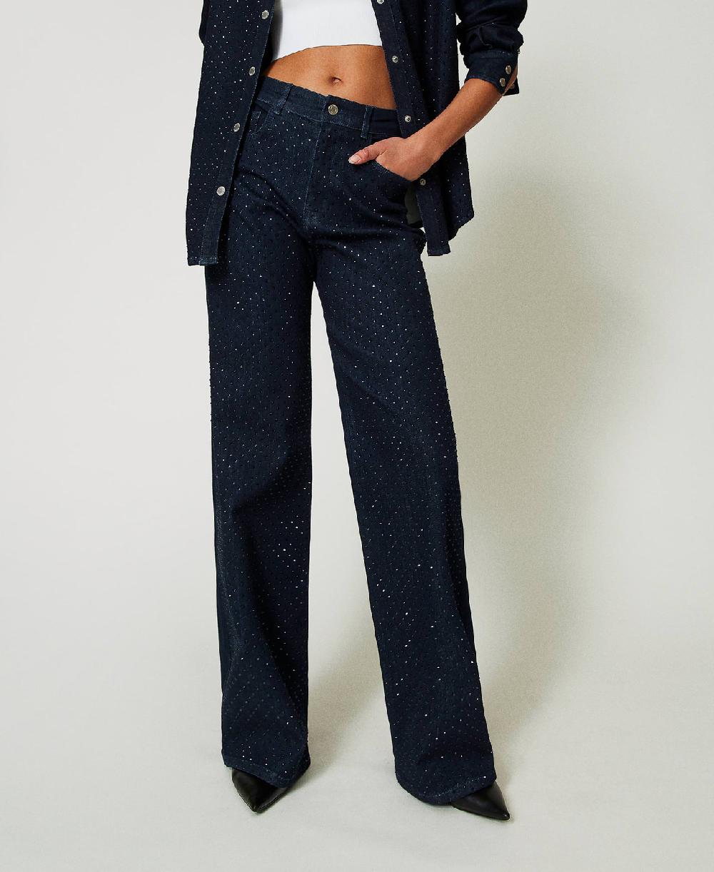 Scee by twin set Jeans wide leg in full strass Offerta