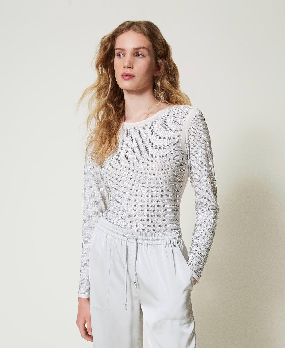 Scee by twin set T-shirt stretch con strass all over Sostegno trimestrale