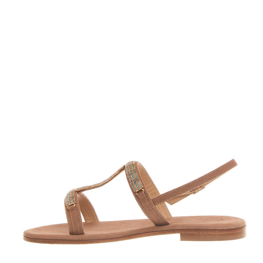 Sorelle Perego sandalo in camoscio beige con cristalli blu e rame Offerta
