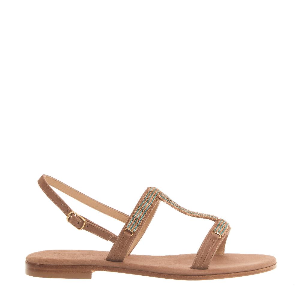 Sorelle Perego sandalo in camoscio beige con cristalli blu e rame Offerta