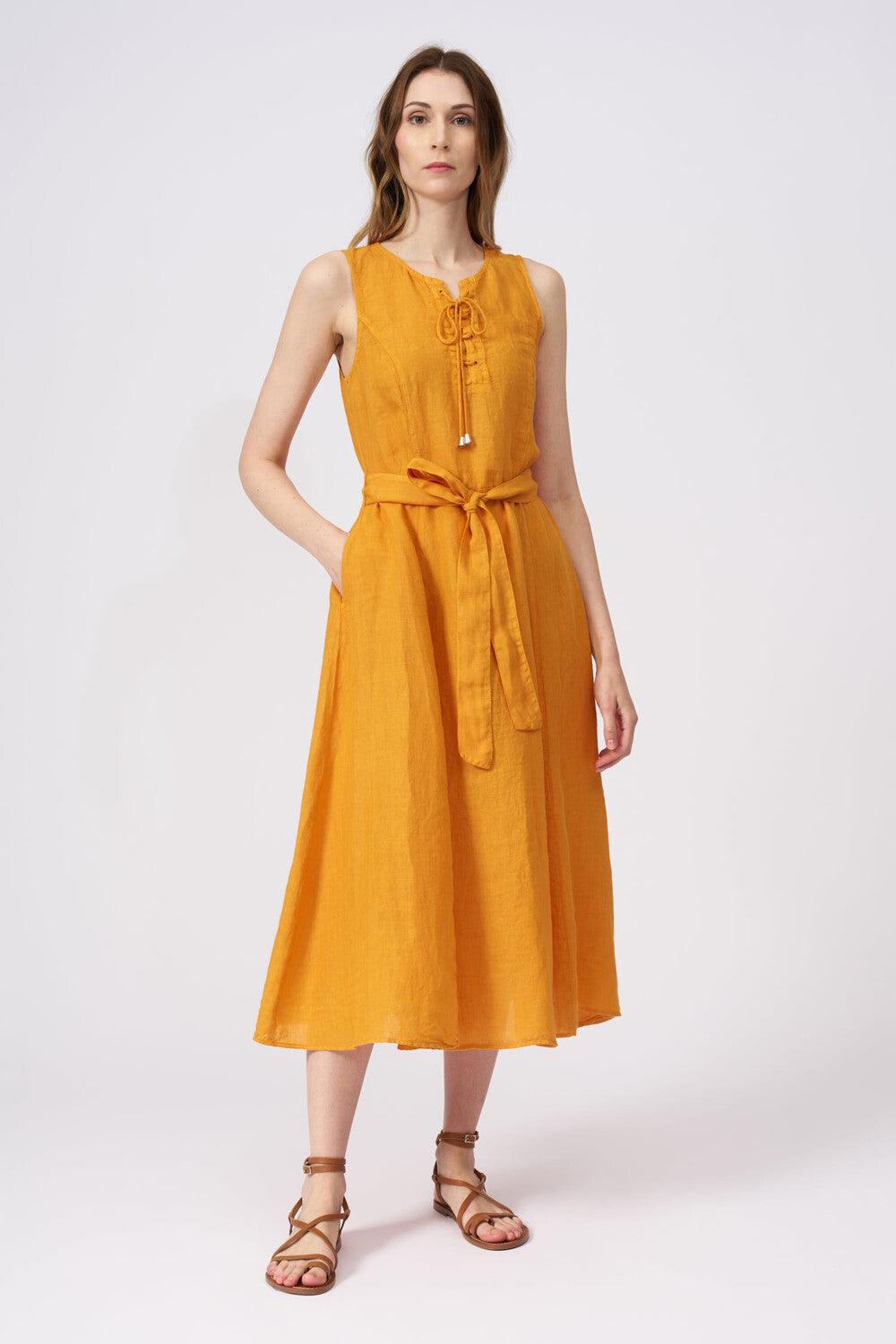 120% Lino Sleeveless Midi Dress with Drawstring Neckline and Belt Presa
