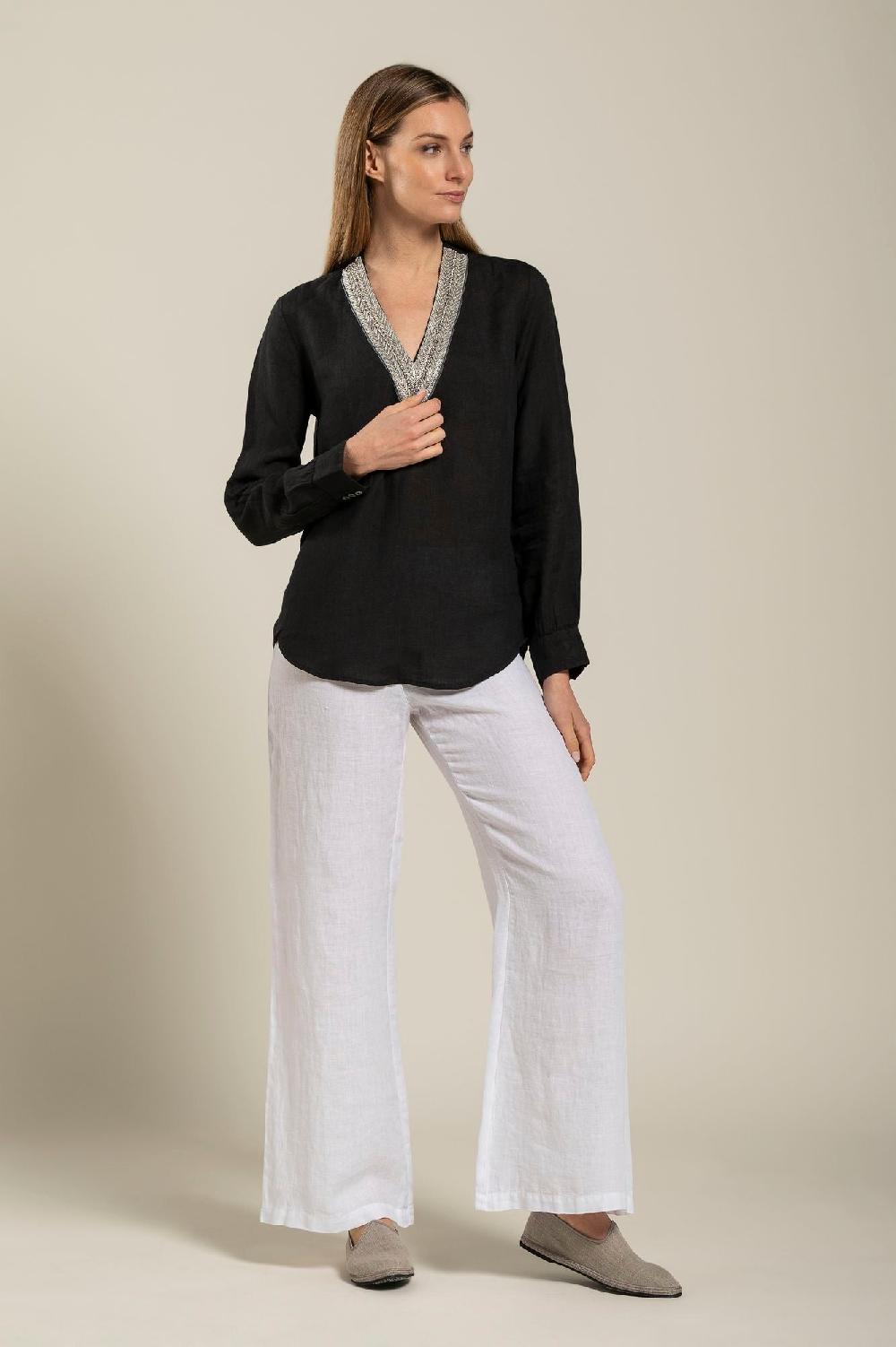 120% Lino Long Sleeve Blouse With V-Neck and Sequin Detail Saldi