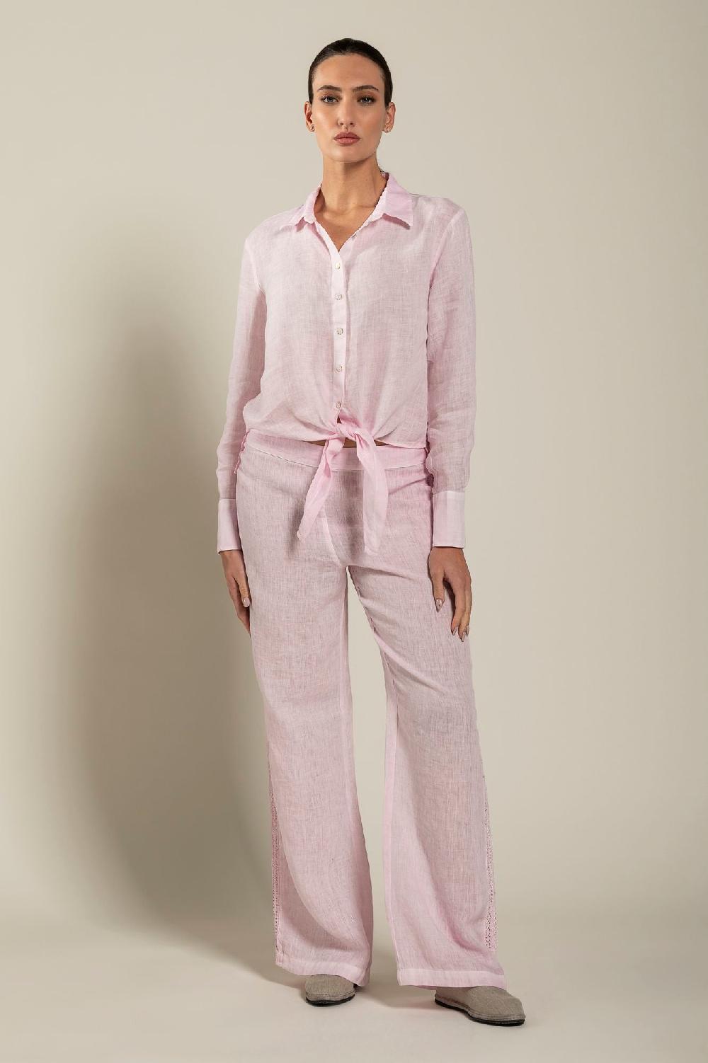 120% Lino Long Sleeve Shirt with Tie-Front Vendita Calda