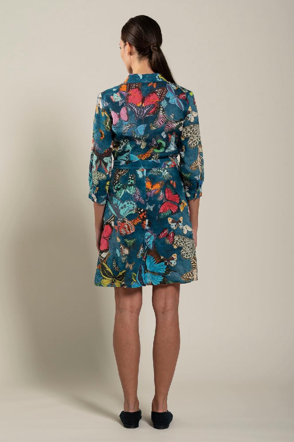 120% Lino Dress With Butterfly Printed and Belt Vendita Economica
