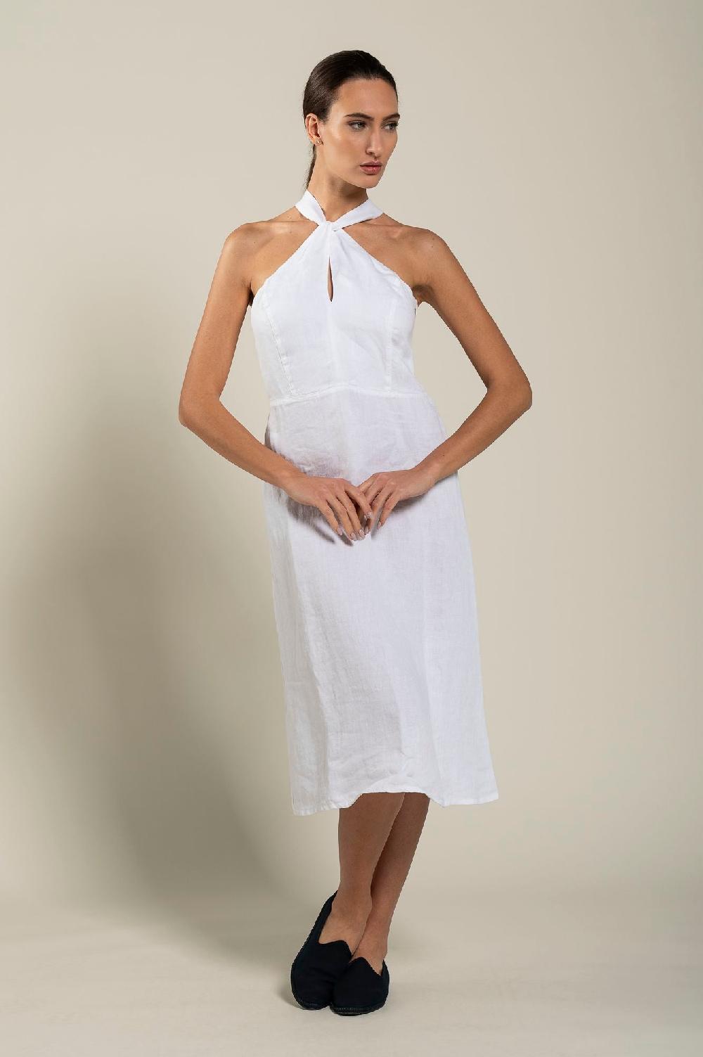 120% Lino Woman Crossover Neck Dress Saldi Di Fabbrica