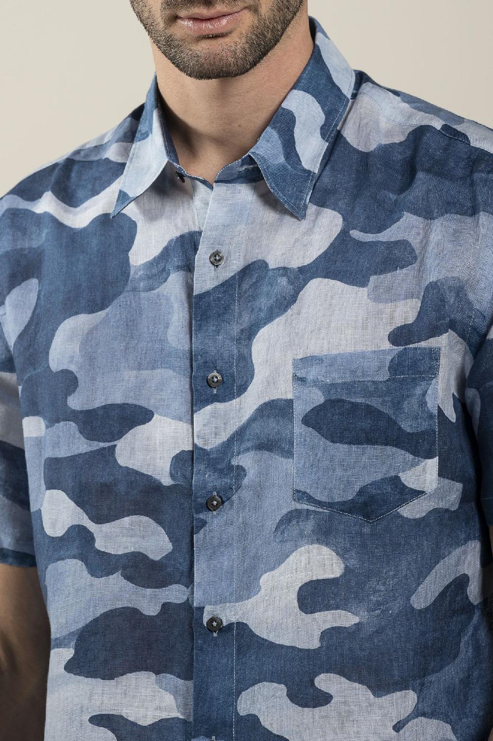 120% Lino Regular Fit Camo Print Shirt Nuova
