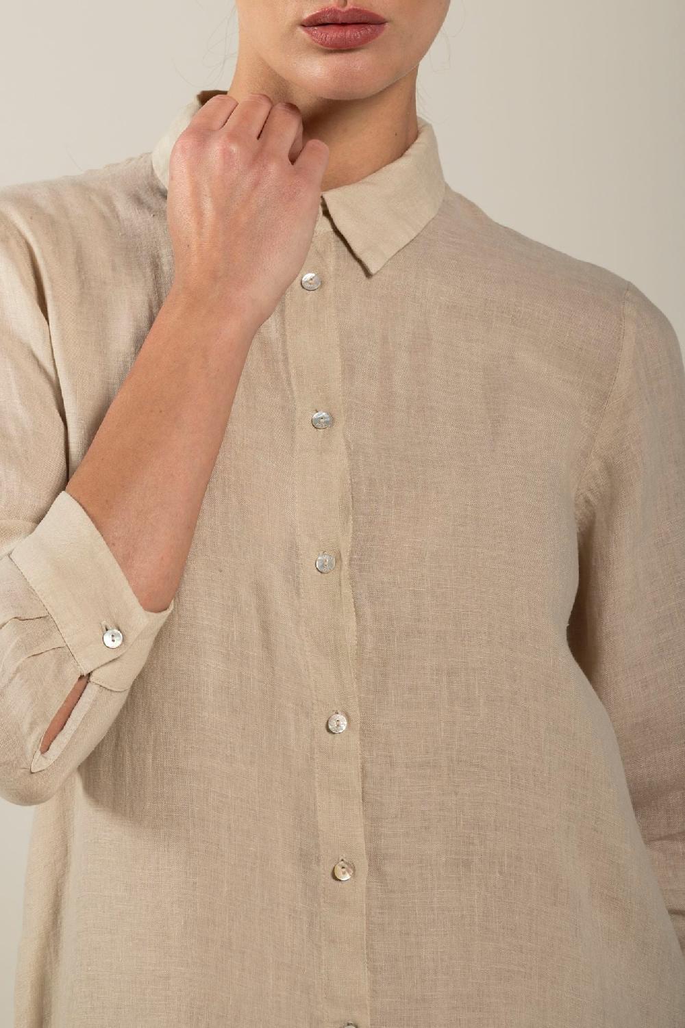120% Lino Long Sleeve Shirt Dress with Side Slits Qualità Garantita