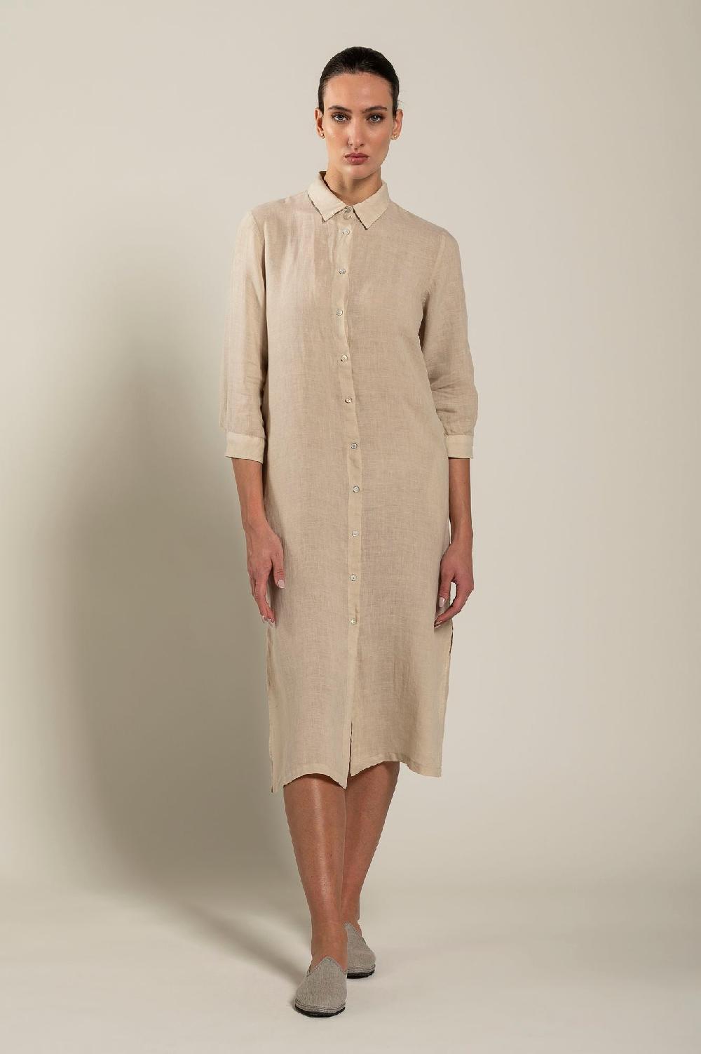 120% Lino Long Sleeve Shirt Dress with Side Slits Qualità Garantita
