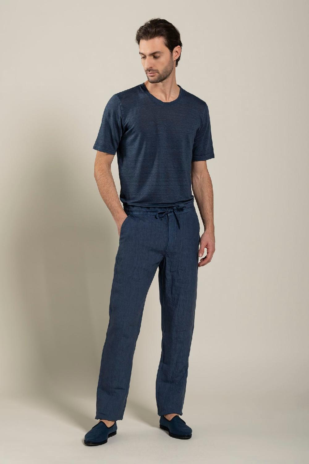 120% Lino Man Navy Drawstring Pant Presa