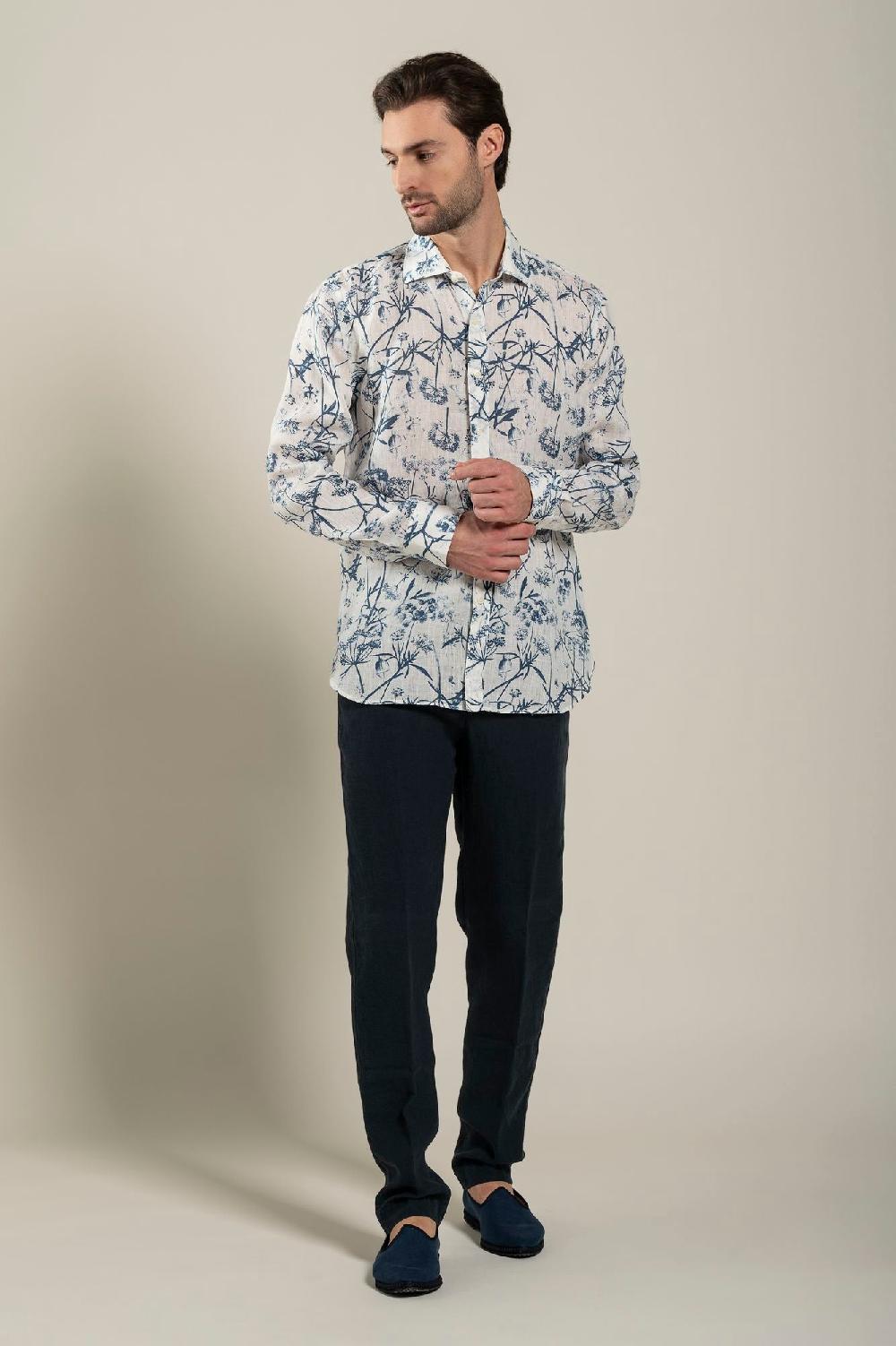 120% Lino Long Sleeve Man Slim Floral Patterned Fit Shirt Offerta