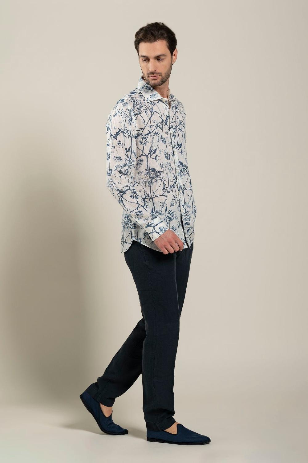120% Lino Long Sleeve Man Slim Floral Patterned Fit Shirt Offerta