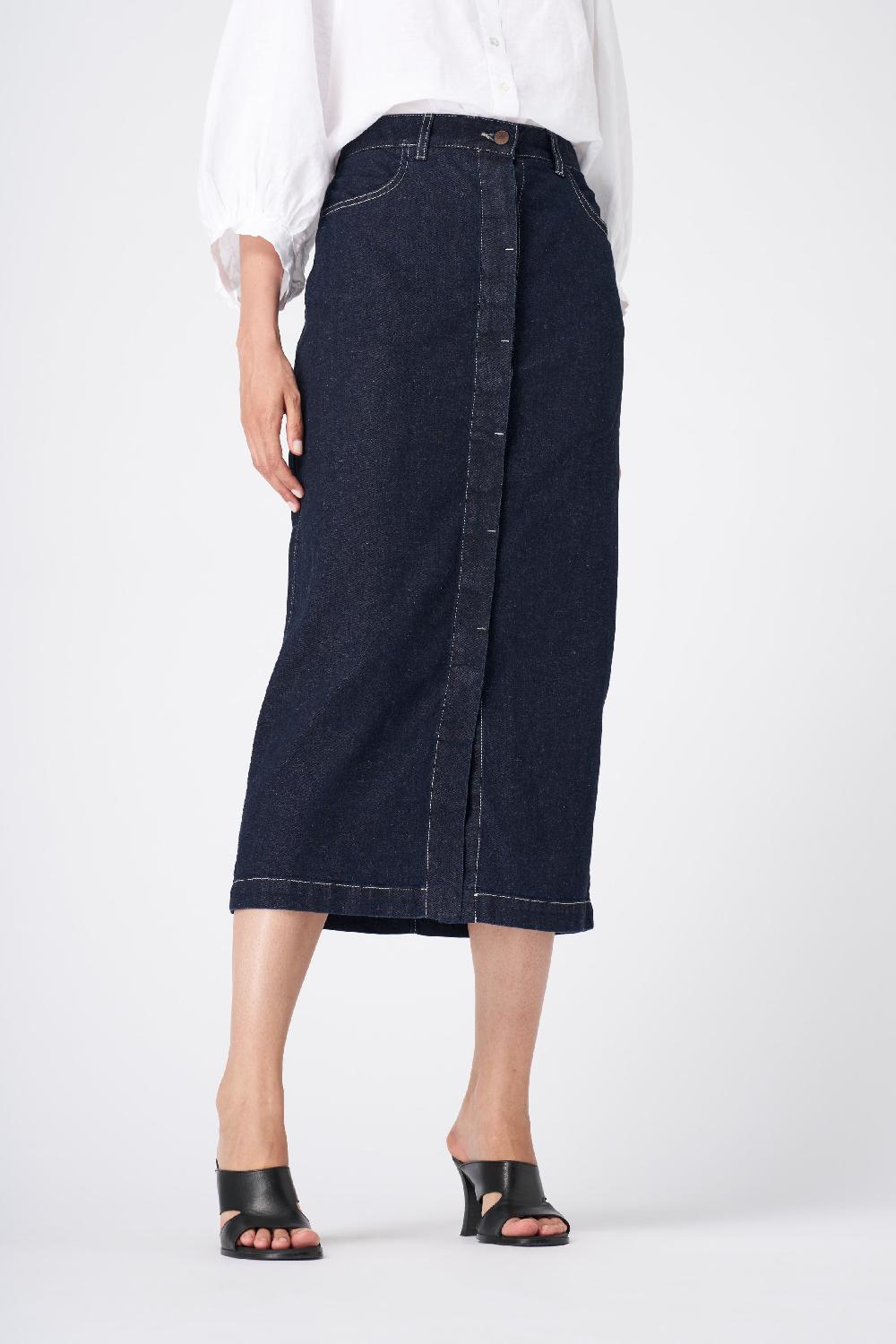 120% Lino Classic High-Waisted Denim Midi Skirt Vendite Flash