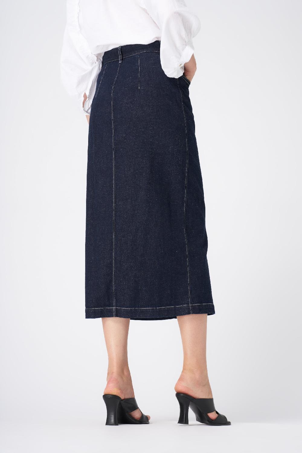 120% Lino Classic High-Waisted Denim Midi Skirt Vendite Flash