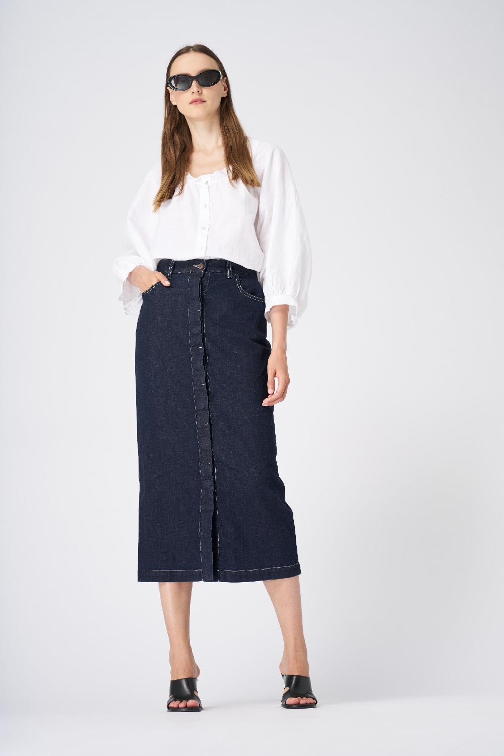 120% Lino Classic High-Waisted Denim Midi Skirt Vendite Flash