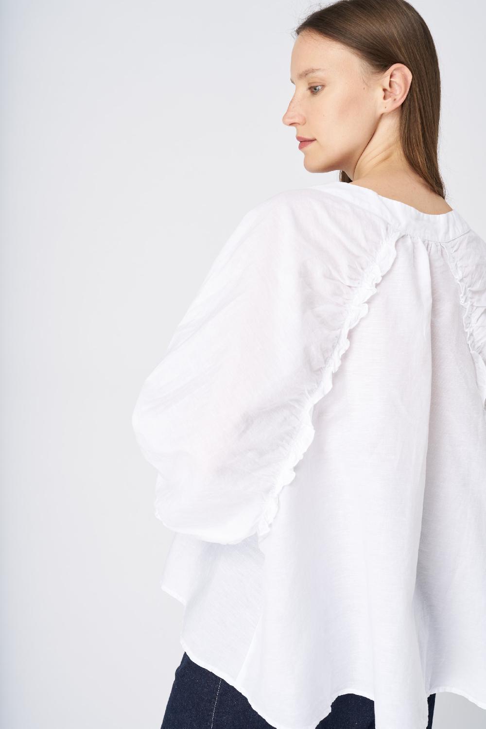 120% Lino Ruffled Neckline Linen Peasant Blouse Nuova
