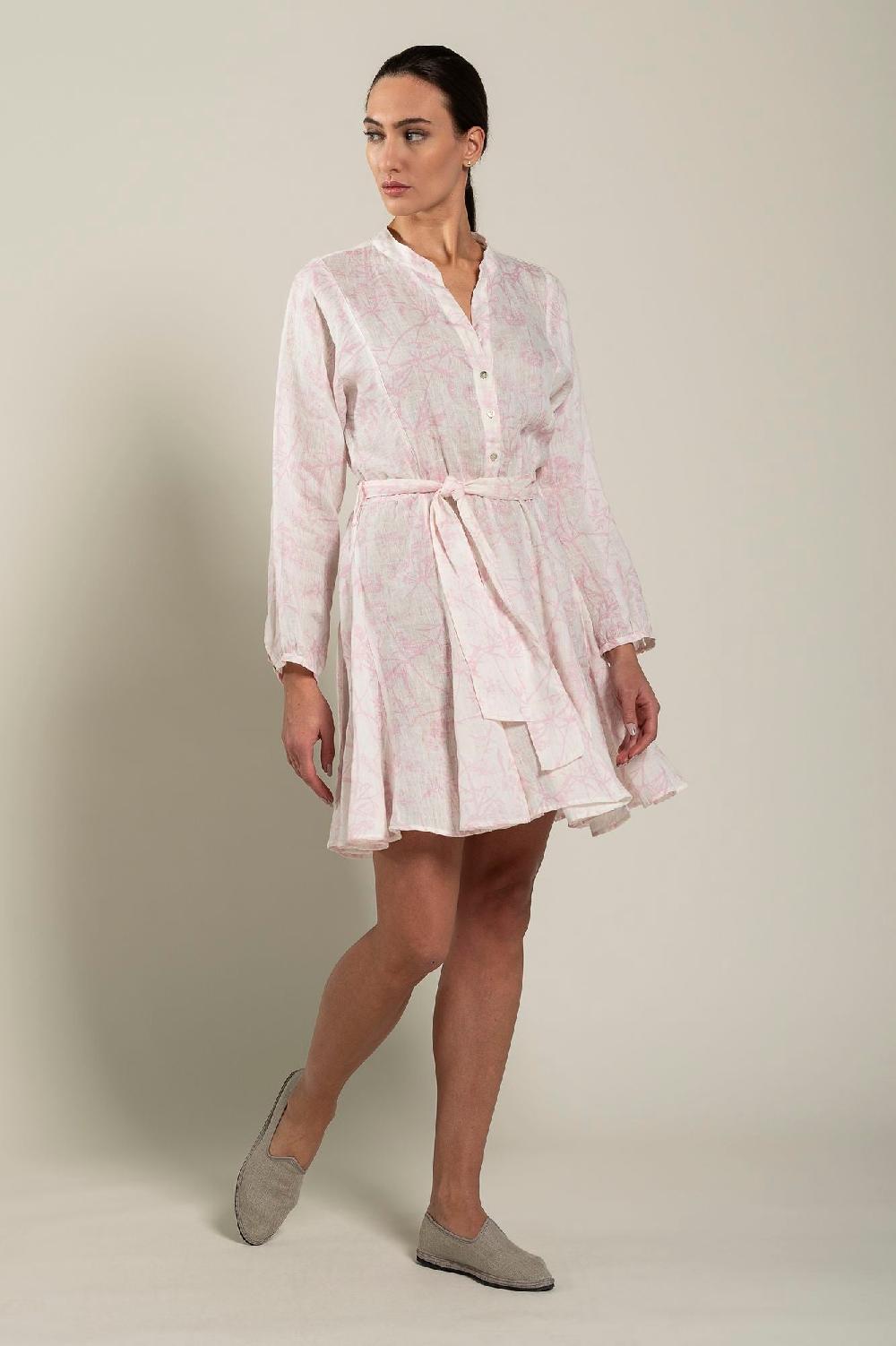 120% Lino Floral Patterned Dress With Belt Spedizione Gratuita