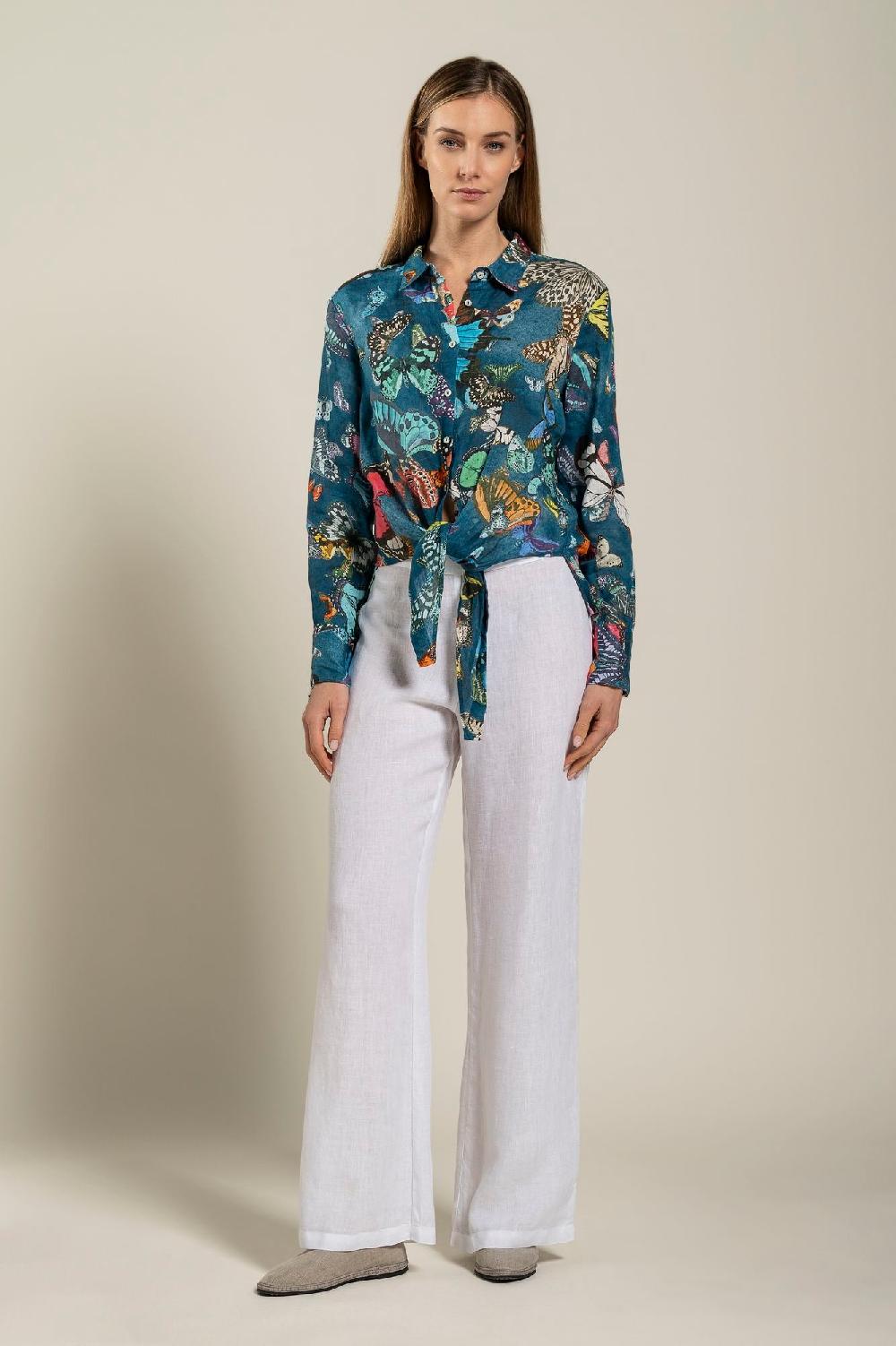 120% Lino Tie-Front Butterfly Print Shirt Negozi Online