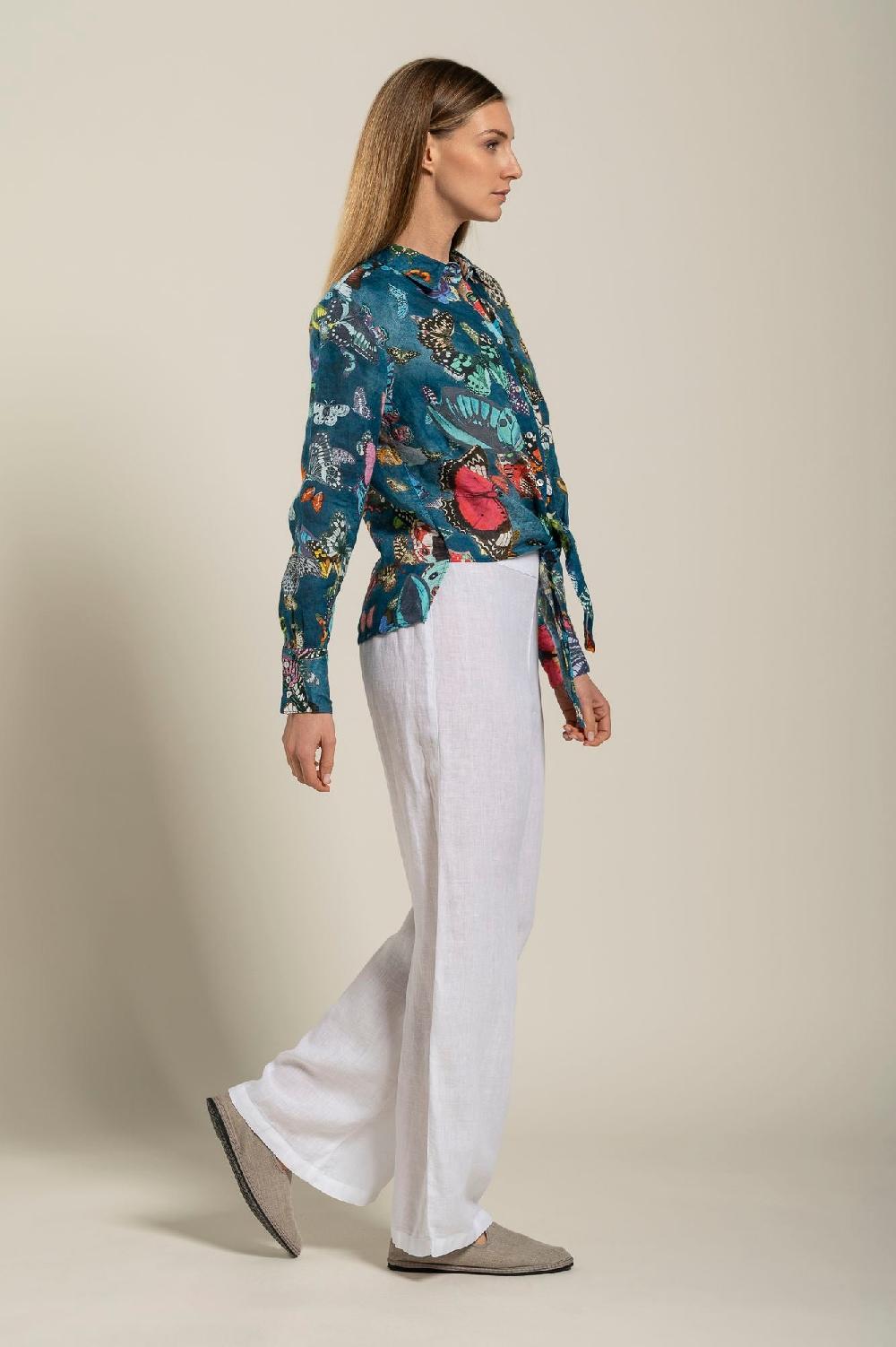 120% Lino Tie-Front Butterfly Print Shirt Negozi Online