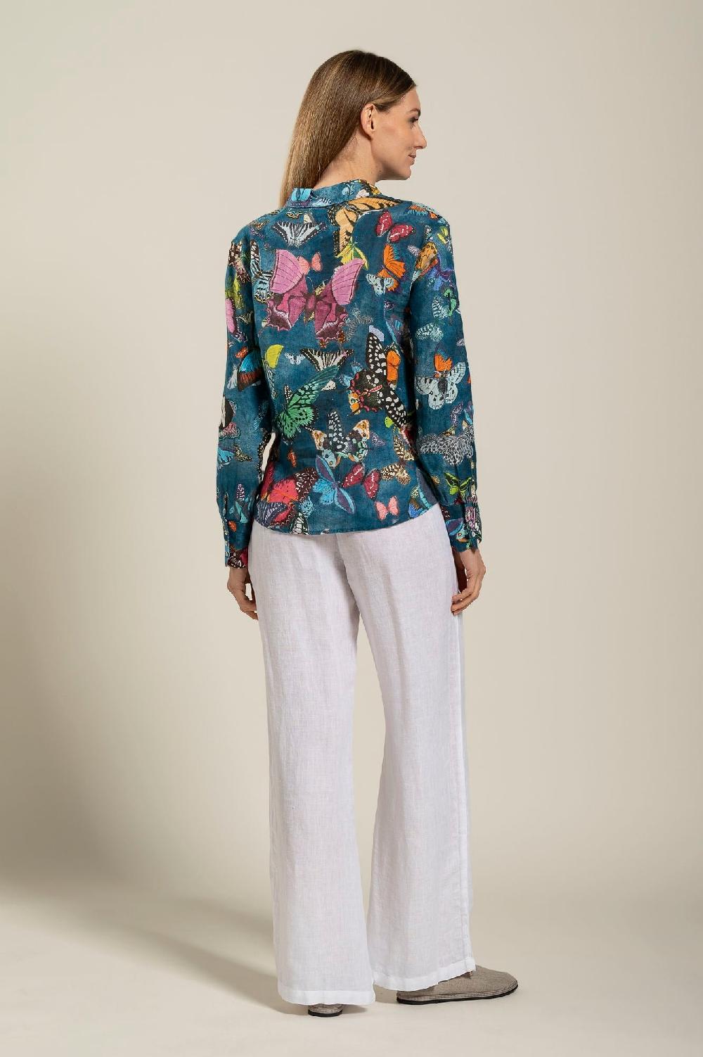 120% Lino Tie-Front Butterfly Print Shirt Negozi Online