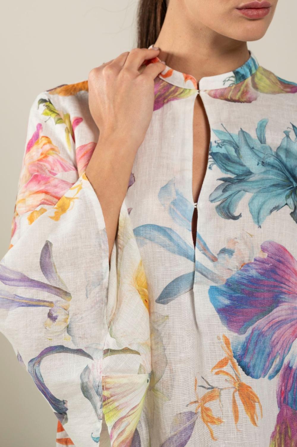 120% Lino Long Sleeve Floral Print Dress Promozione Limitata