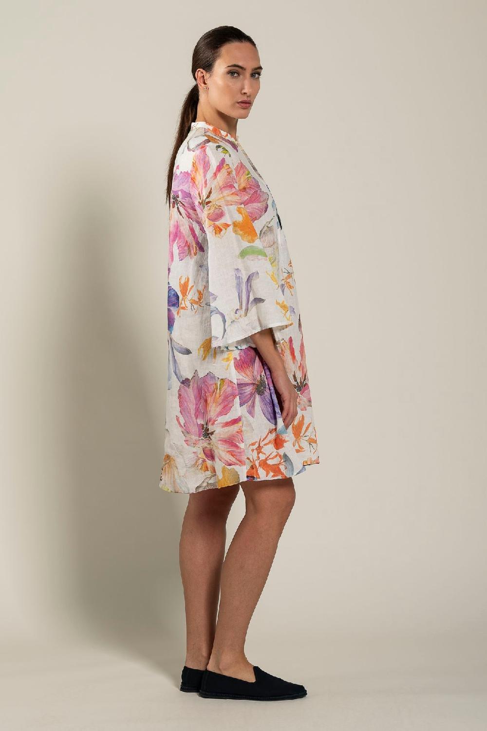 120% Lino Long Sleeve Floral Print Dress Promozione Limitata