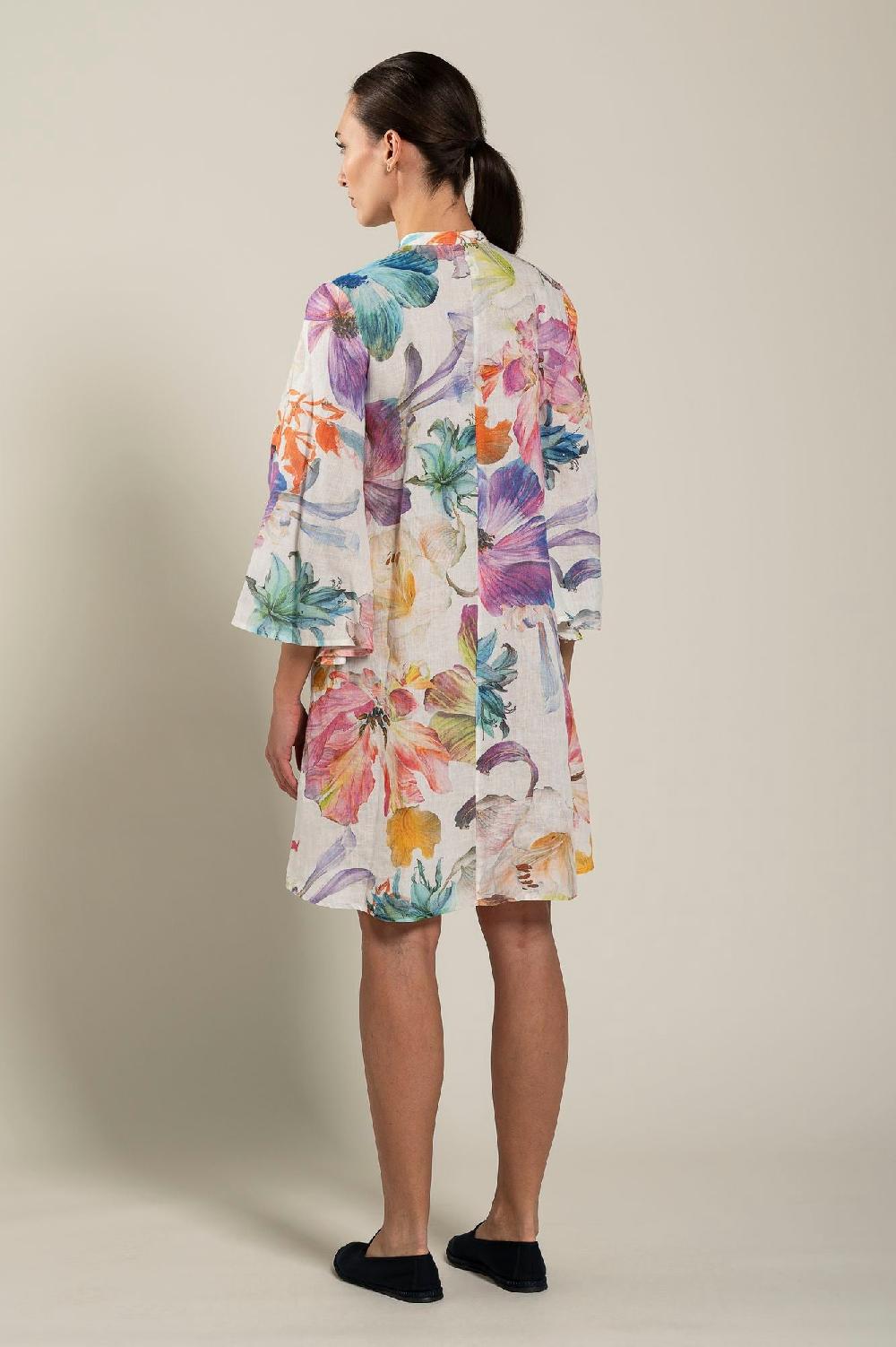 120% Lino Long Sleeve Floral Print Dress Promozione Limitata