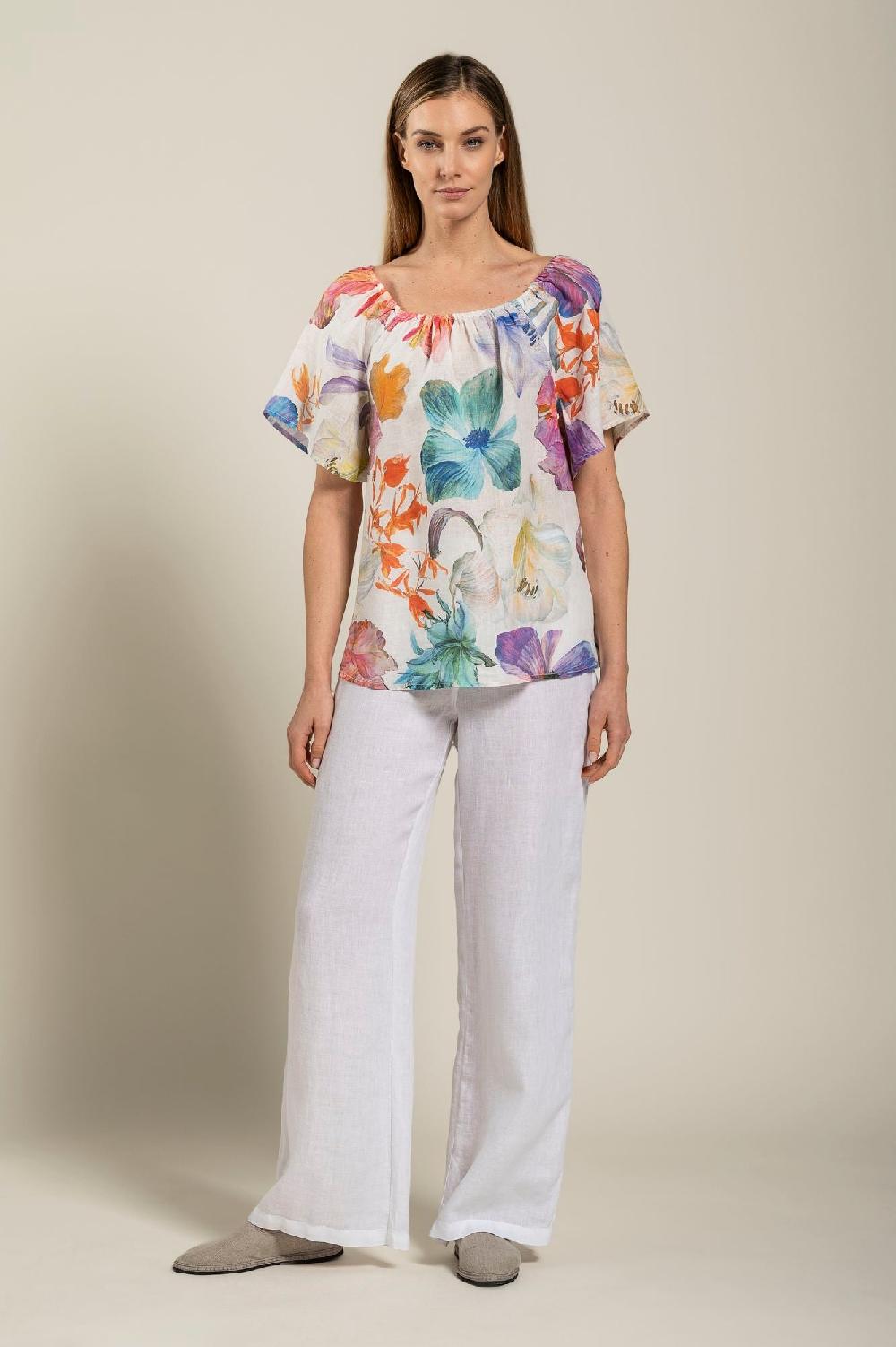 120% Lino Floral Print Women Blouse Shopping Online