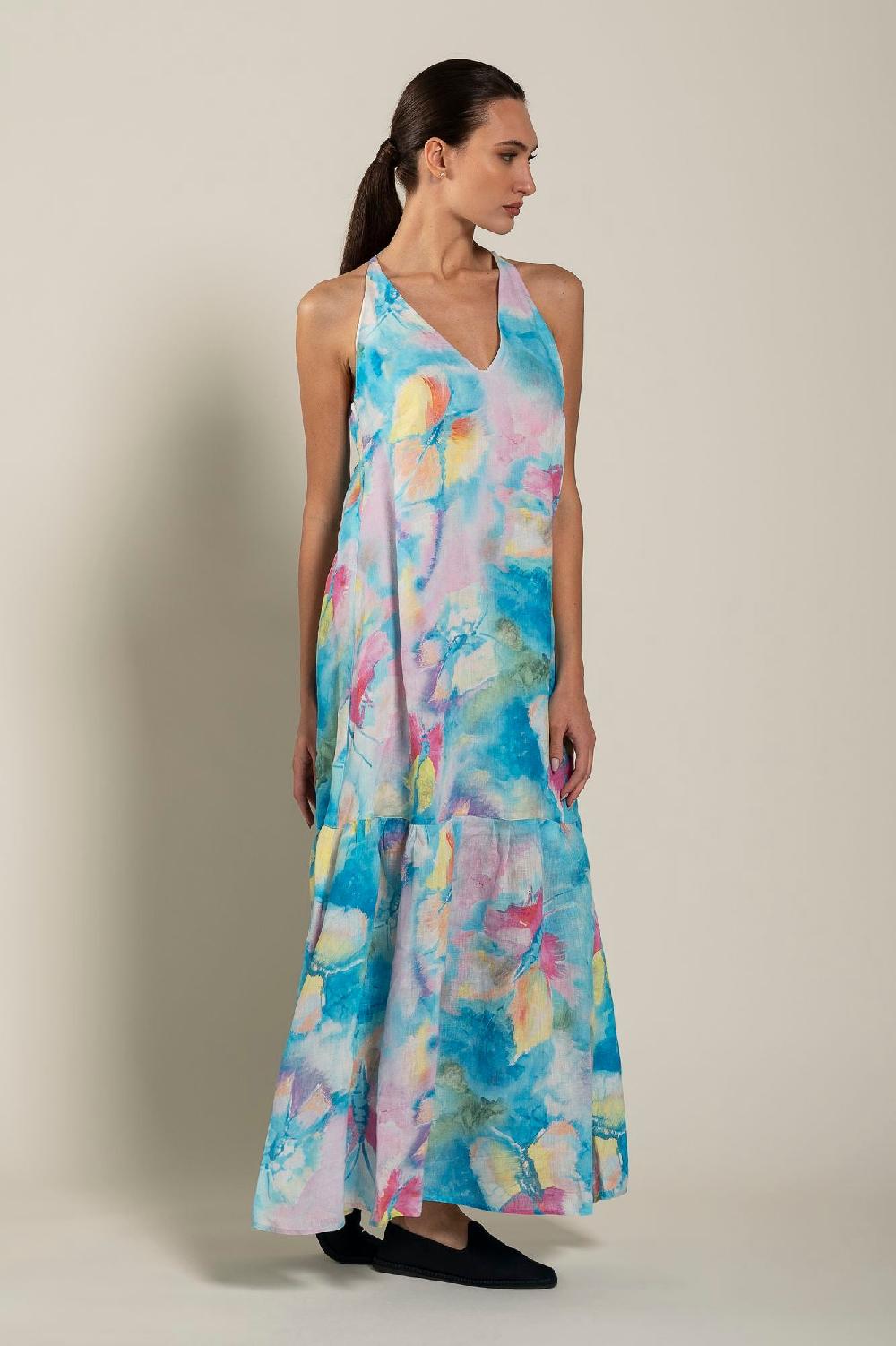 120% Lino Maxi Butterfly Print Dress Novità