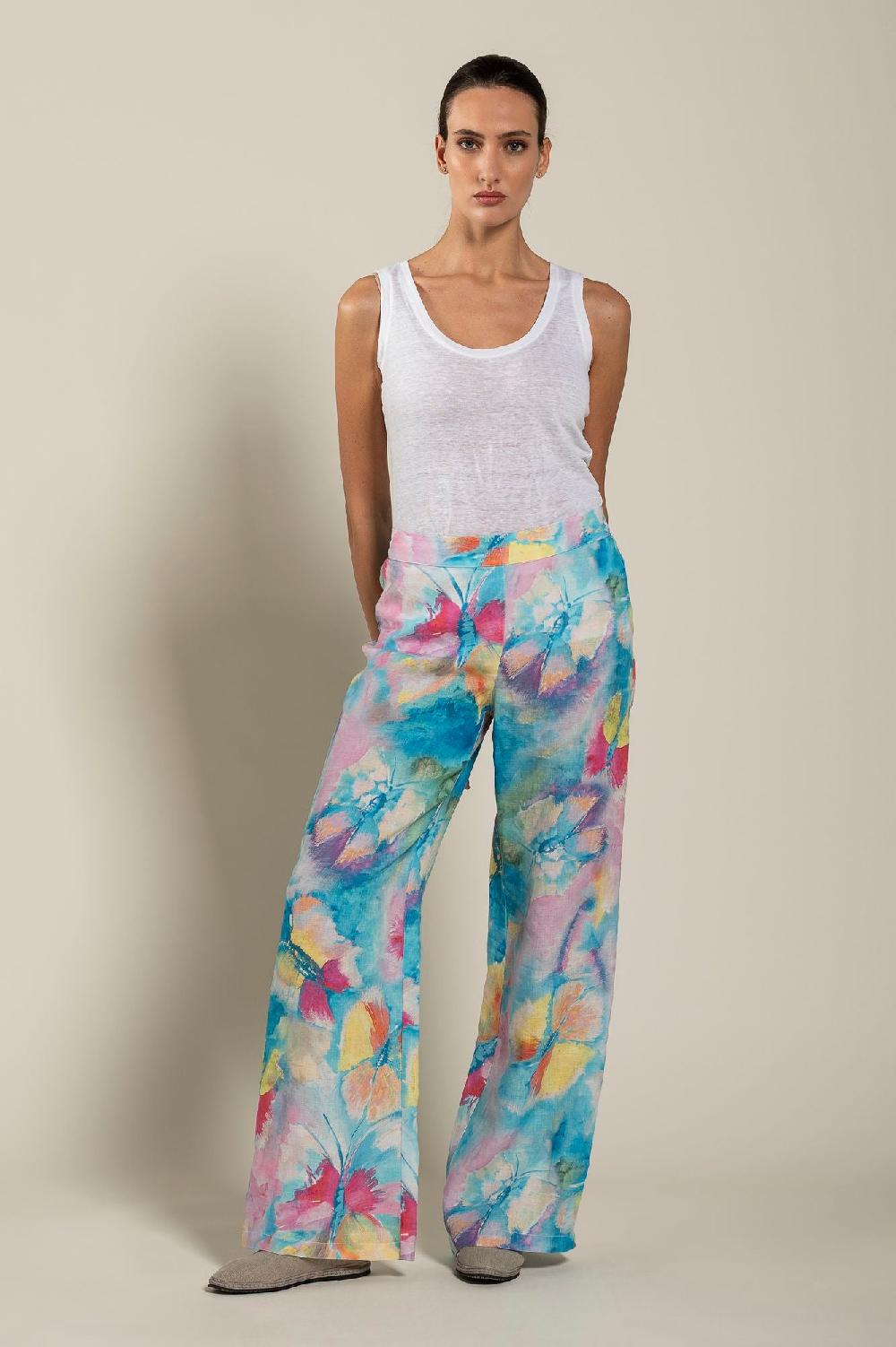120% Lino Woman Butterfly Print Pant Sconto