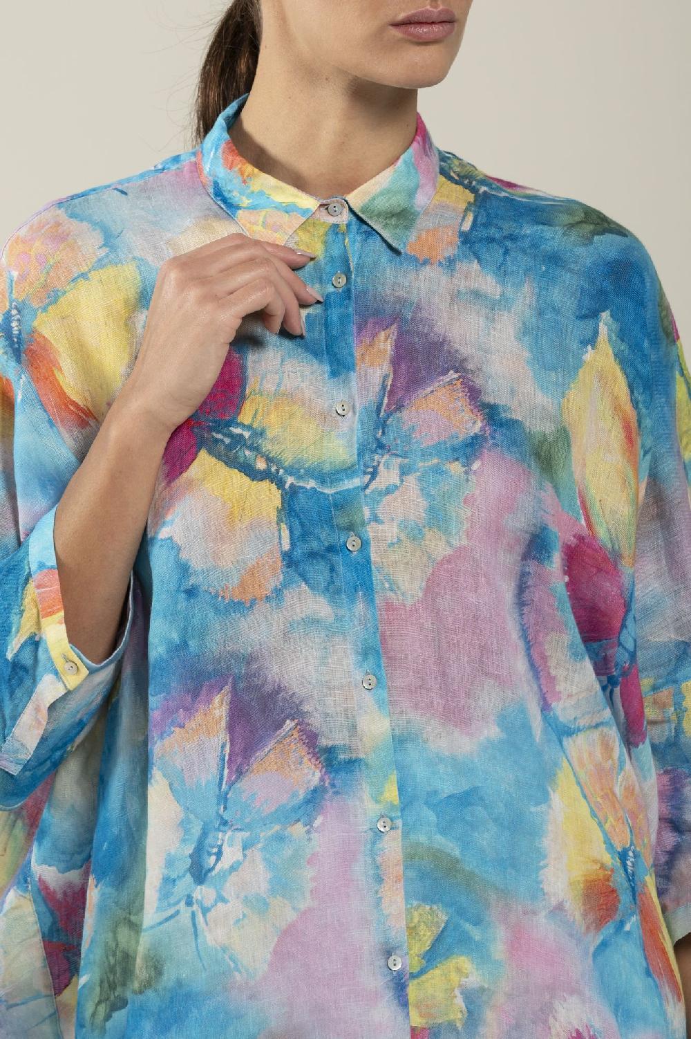 120% Lino Long Sleeve Woman Butterfly Print Shirt Economico