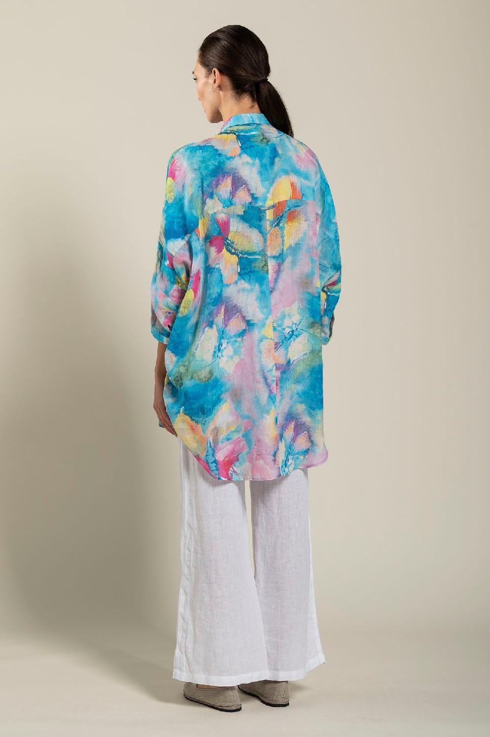 120% Lino Long Sleeve Woman Butterfly Print Shirt Economico