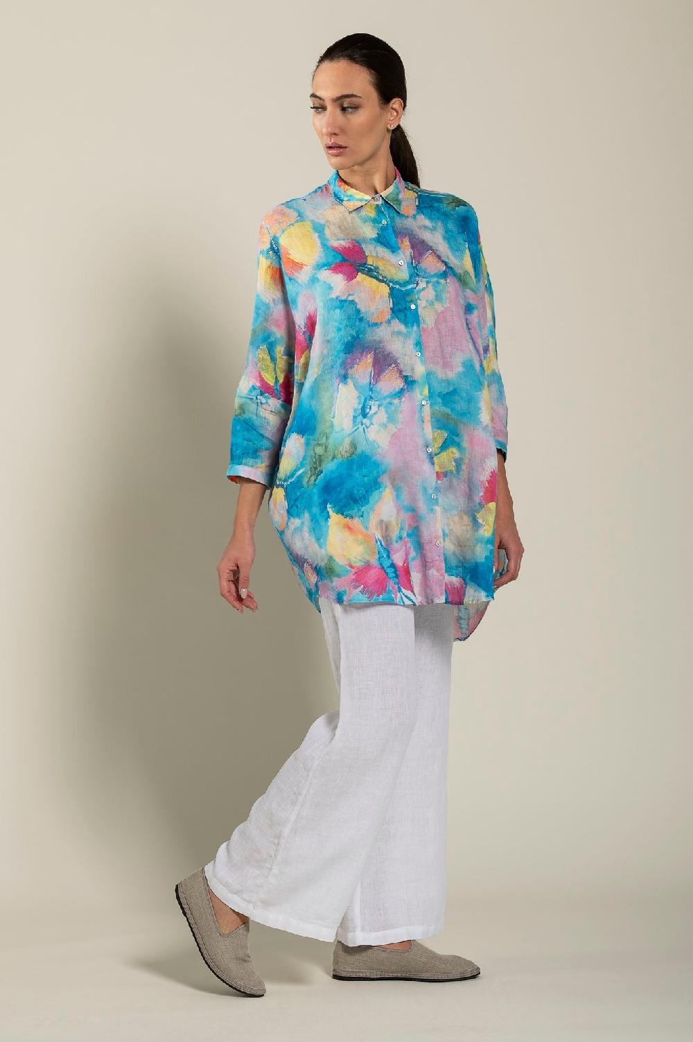 120% Lino Long Sleeve Woman Butterfly Print Shirt Economico