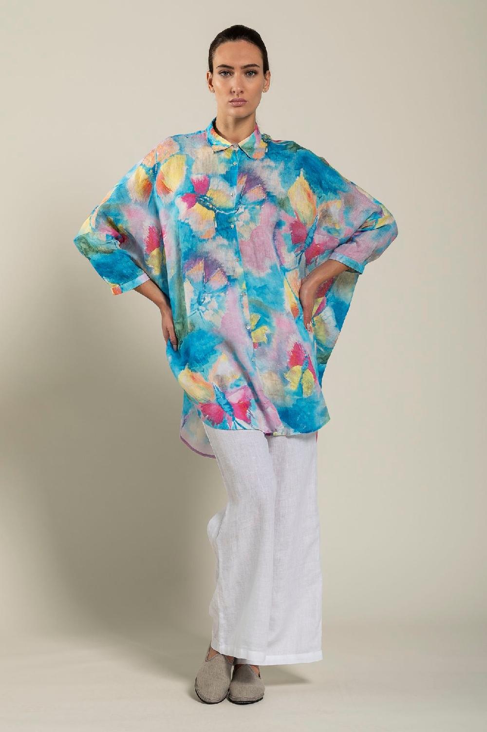 120% Lino Long Sleeve Woman Butterfly Print Shirt Economico