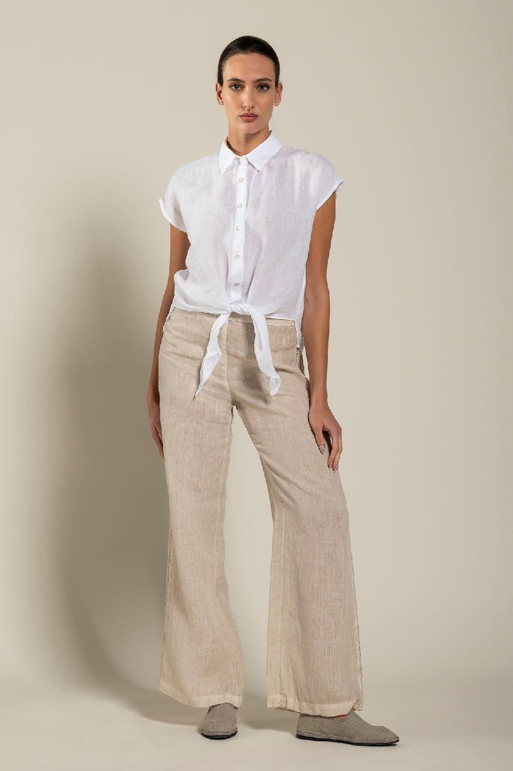 120% Lino Short-Sleeve Linen Shirt with Front Tie Outlet