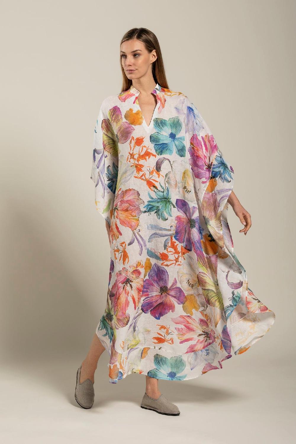 120% Lino Floral Print Kaftano Vendite Flash