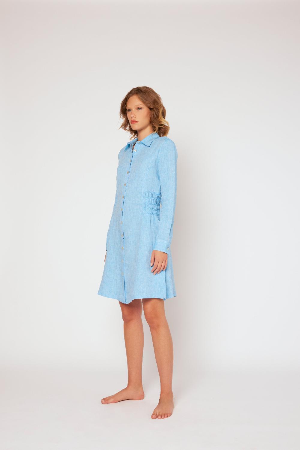 120% Lino Shirt Dress with Elasticized Ruched Waist In Saldo