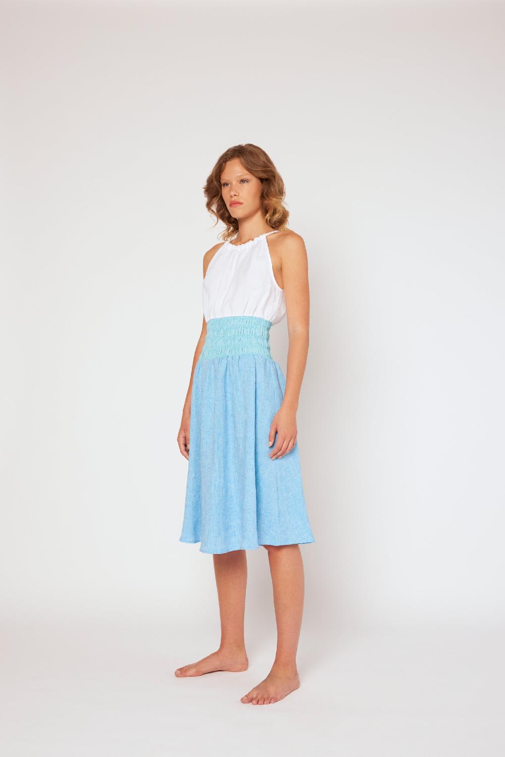 120% Lino Yarn-dyed linen halter dress White/MixBlue Moda
