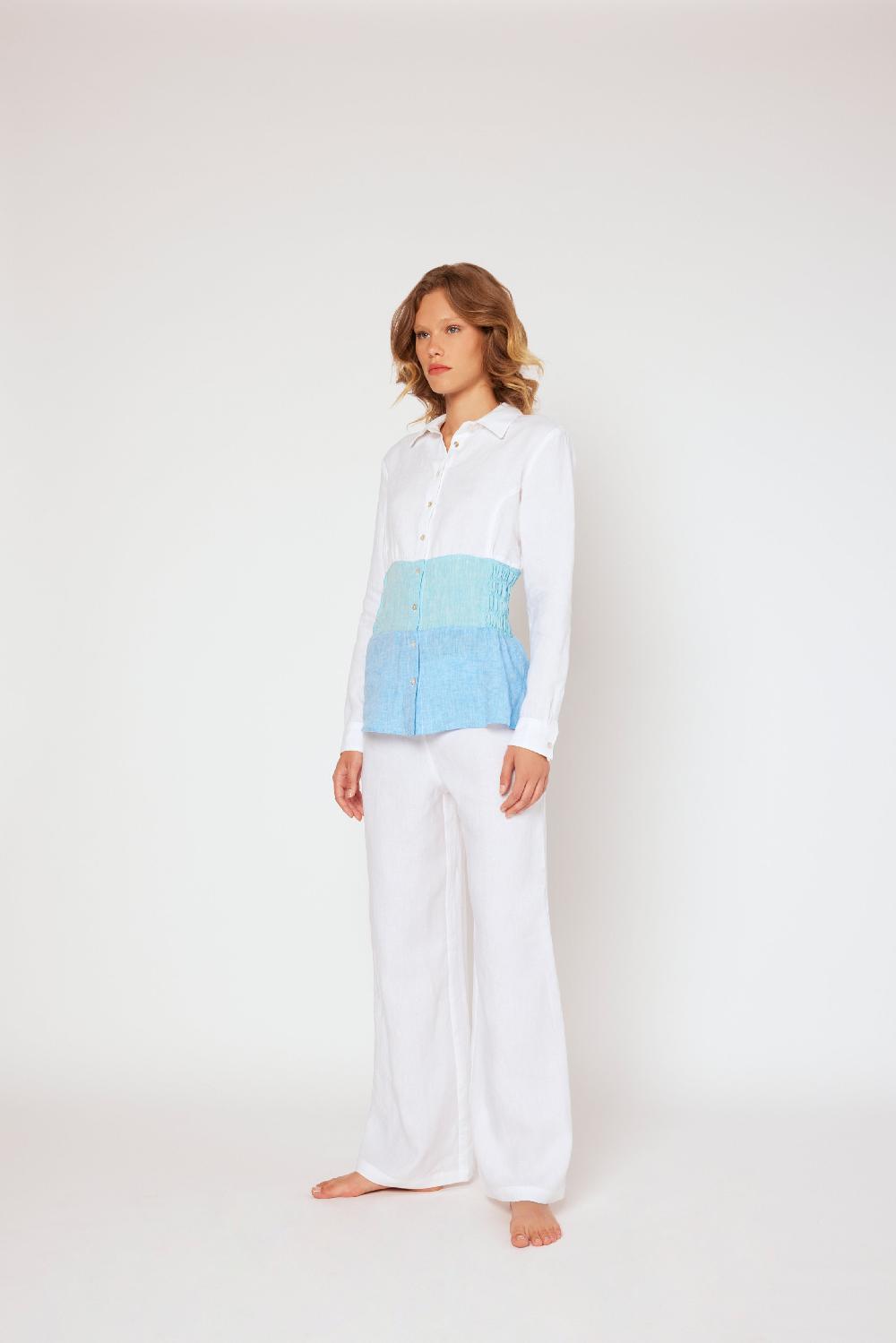 120% Lino Yarn-dyed linen blouse White/Blue In Linea