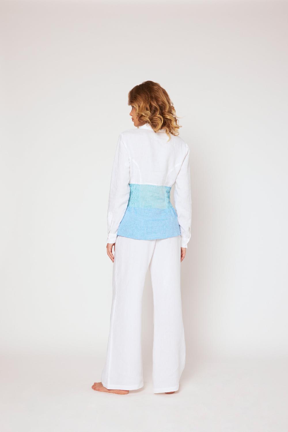 120% Lino Yarn-dyed linen blouse White/Blue In Linea