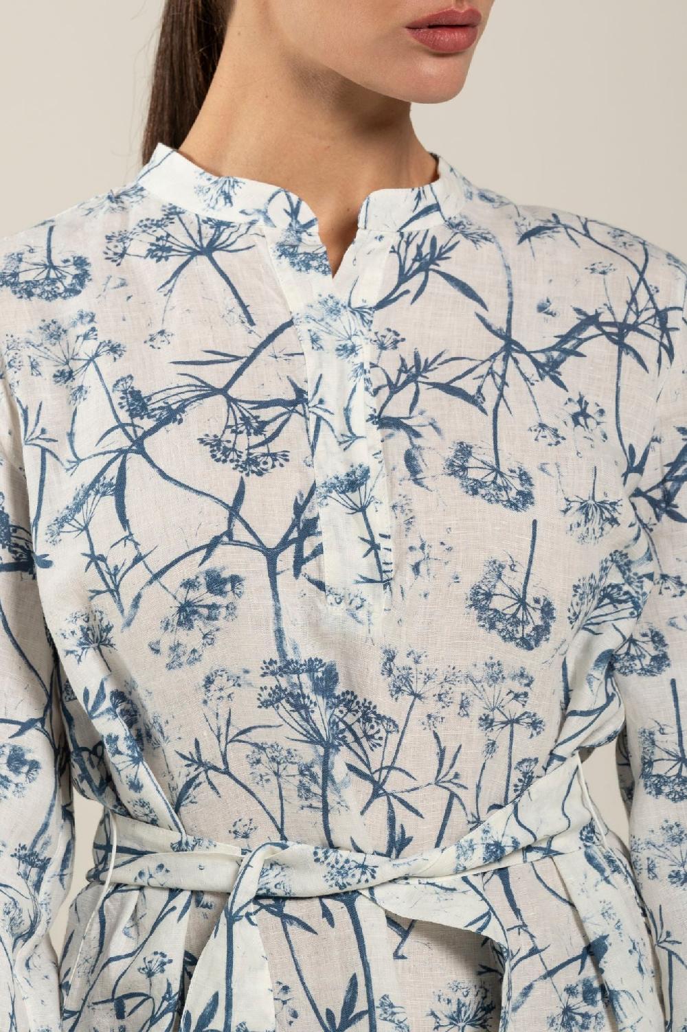 120% Lino Long Sleeve Woman Floral Patterned Dress With Belt Qualità Garantita