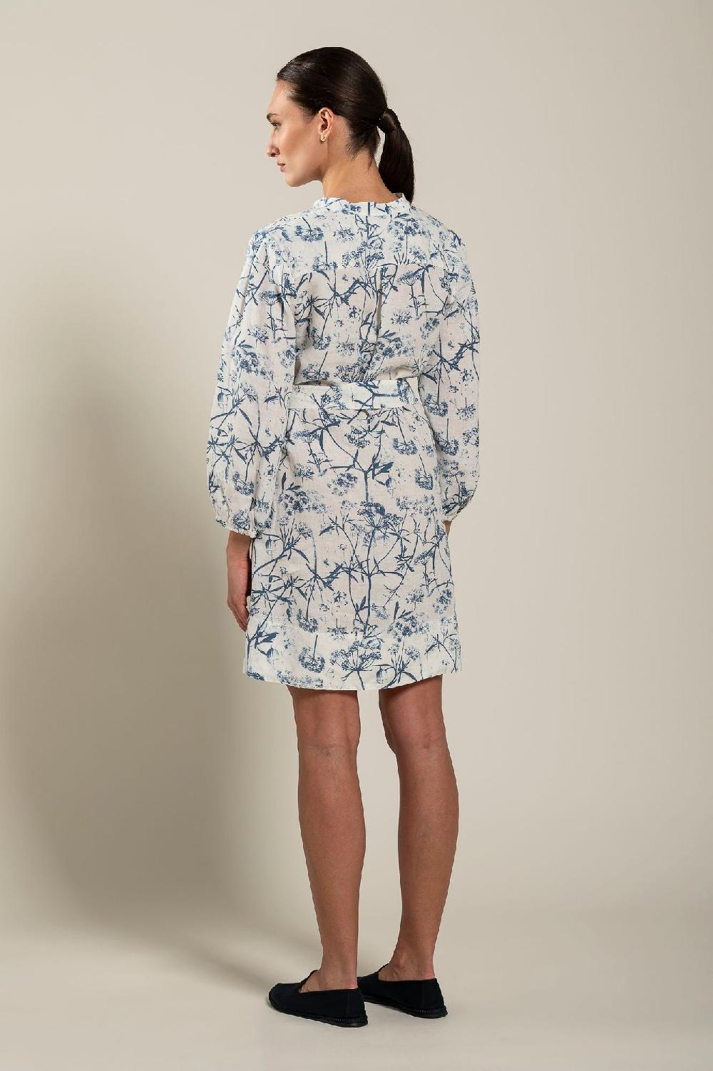 120% Lino Long Sleeve Woman Floral Patterned Dress With Belt Qualità Garantita