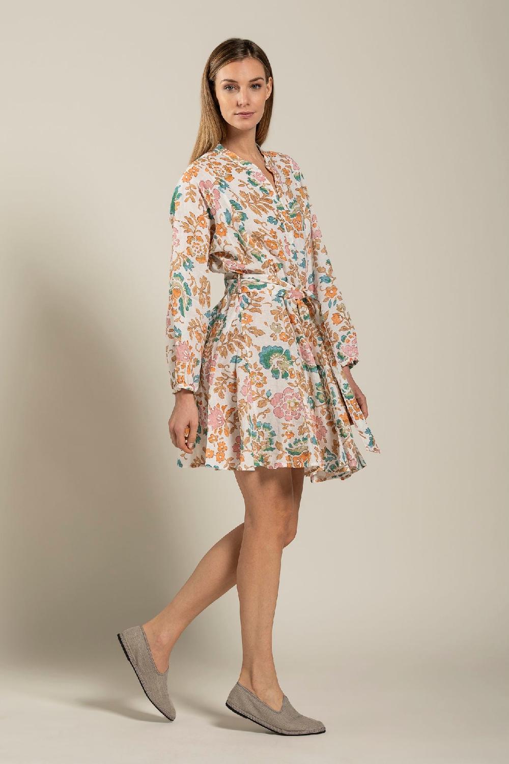 120% Lino Colorful Floral Patterned Dress With Belt Acquista Ora