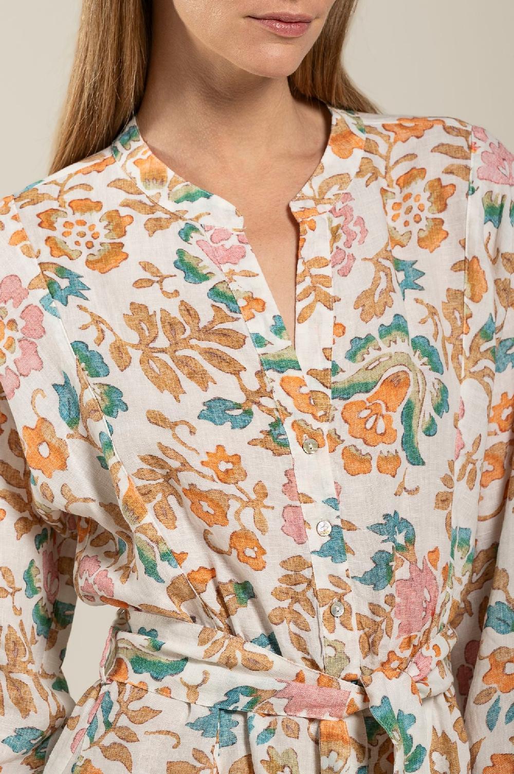 120% Lino Colorful Floral Patterned Dress With Belt Acquista Ora