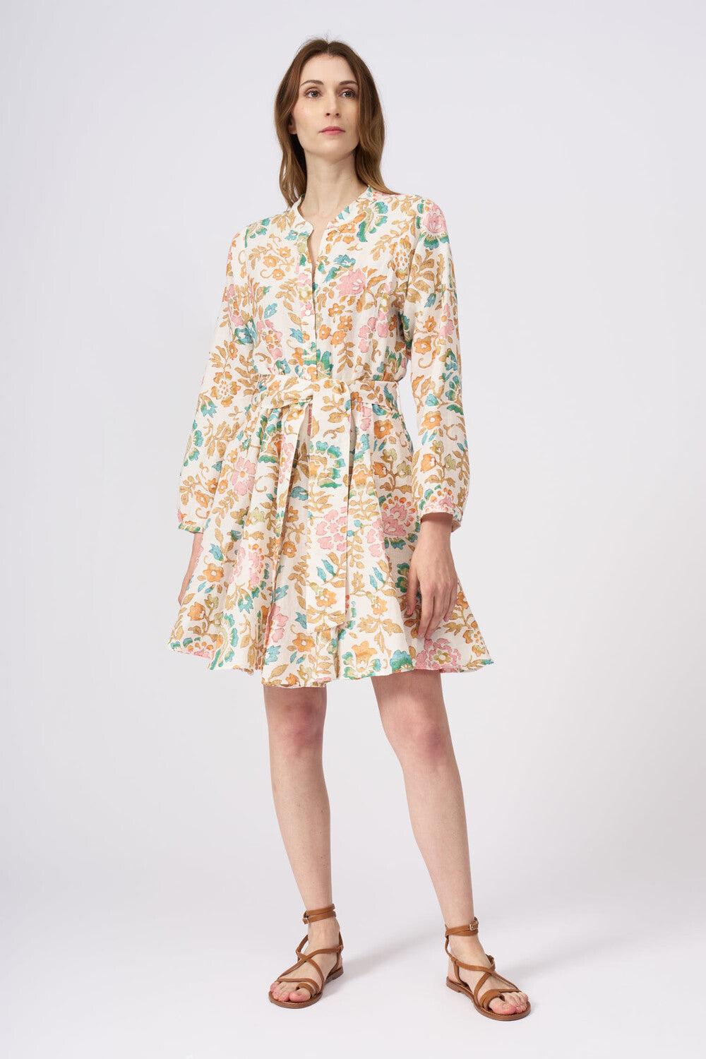 120% Lino Colorful Floral Patterned Dress With Belt Acquista Ora