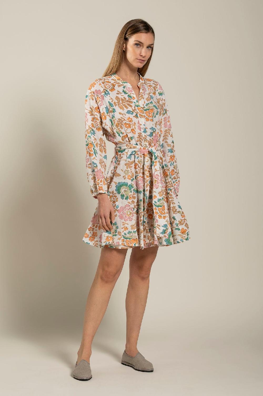 120% Lino Colorful Floral Patterned Dress With Belt Acquista Ora