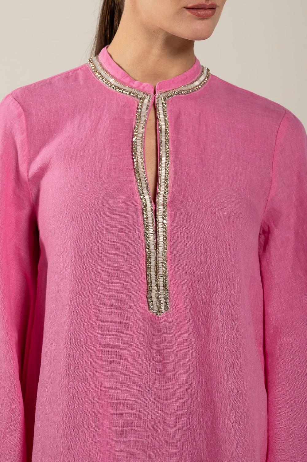 120% Lino Dress With Embellishment And Wide Sleeves Promozione Limitata