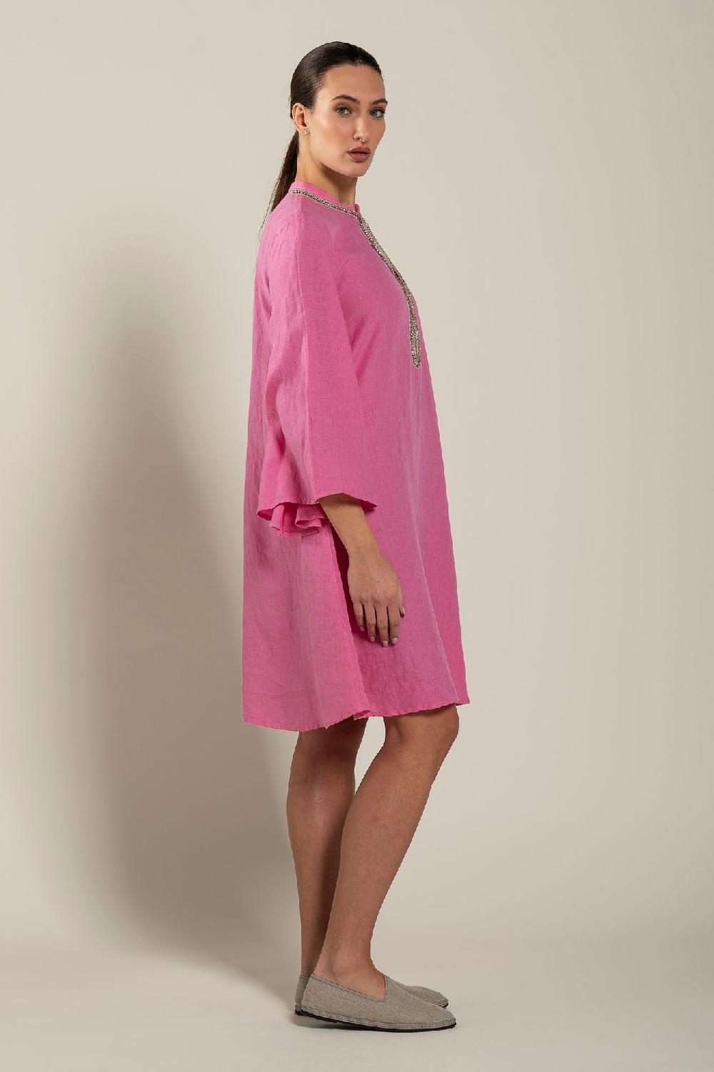 120% Lino Dress With Embellishment And Wide Sleeves Promozione Limitata