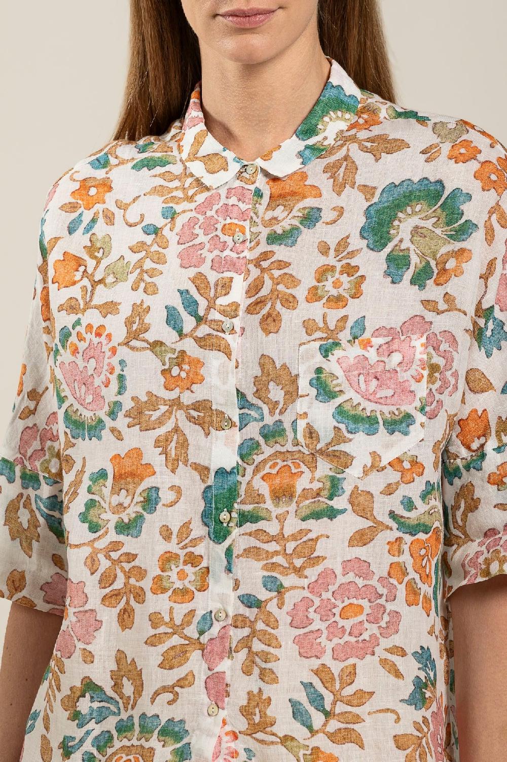 120% Lino Short Sleeve Woman Floral Pattern Shirt Convenienza