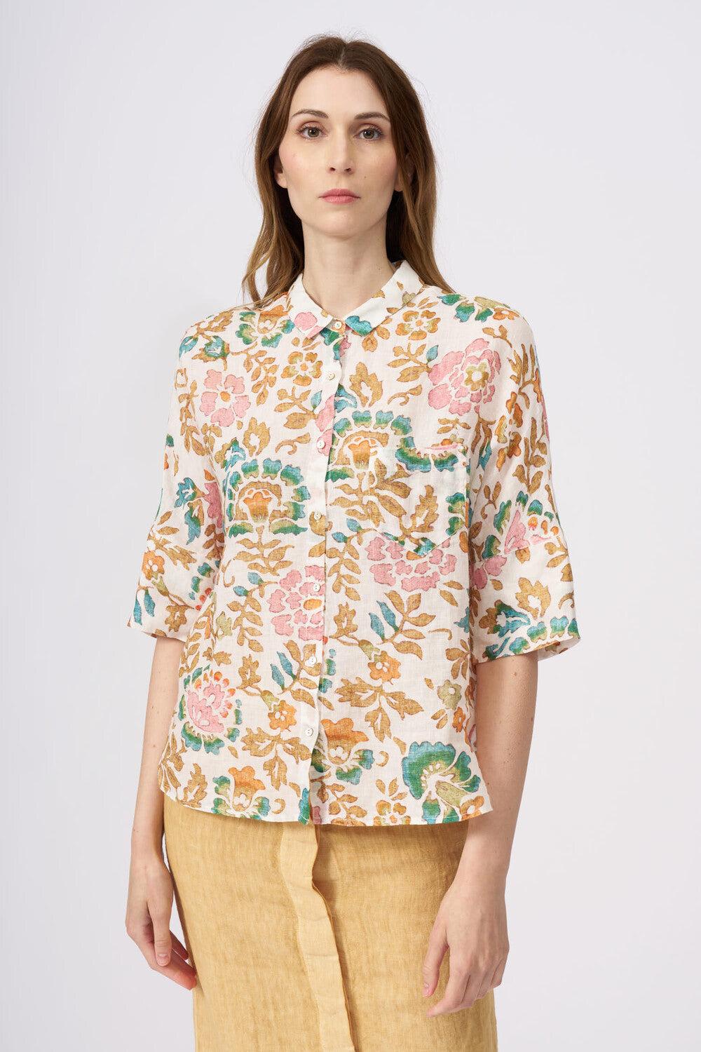 120% Lino Short Sleeve Woman Floral Pattern Shirt Convenienza